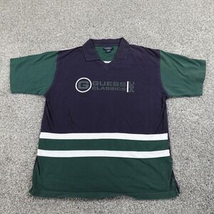 VTG  Guess Polo Shirt Mens L Blue Green USA Logo Golf RugbyJohnny Collar 90s Y2K